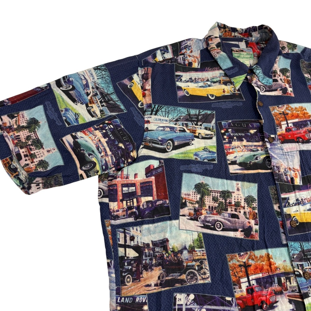 Reyn Spooner Vintage Cars Button Down Shirt Mens XL Blue Hawaiian Aloha Rayon